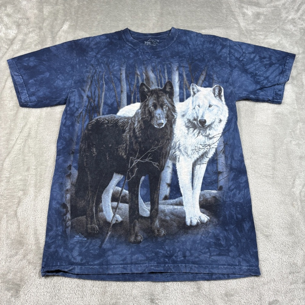 The Mountain Wolves Shirt Mens Medium Blue Tie Dye Short Sleeve Y2K Wolf Nature